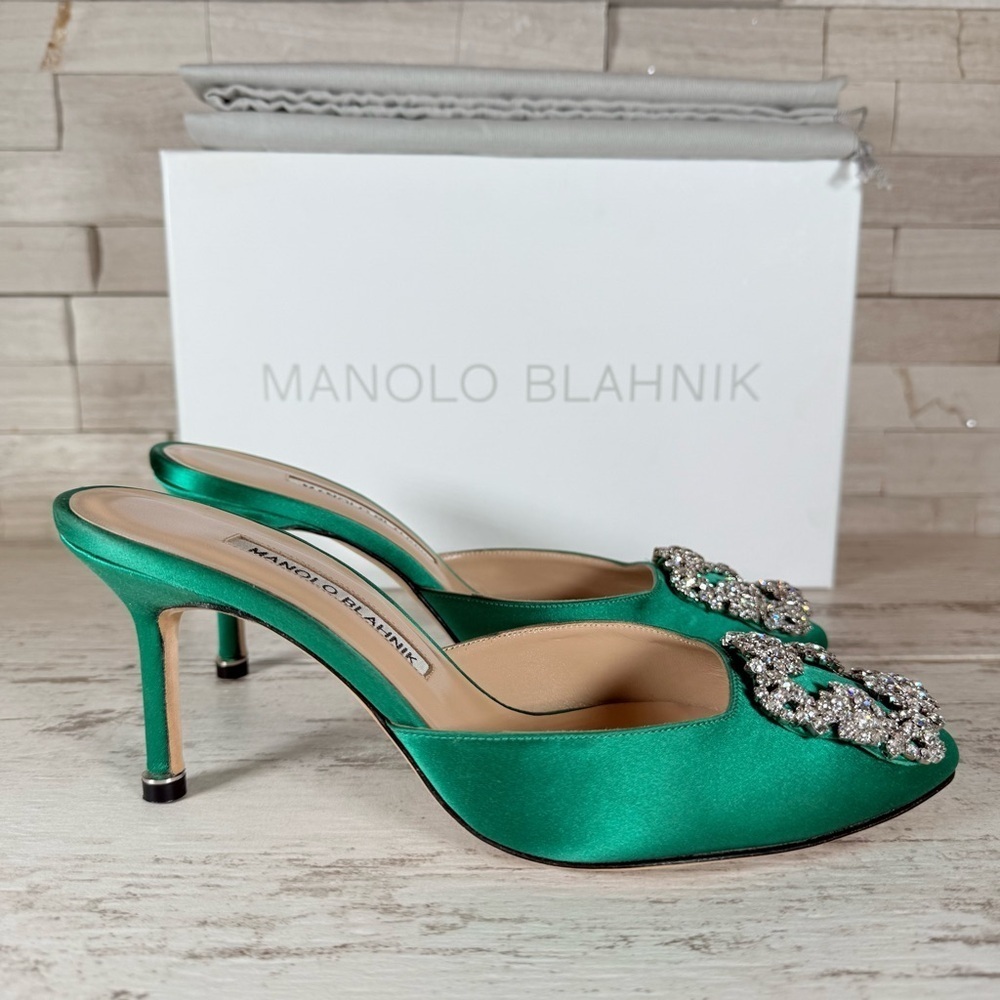 Manolo Blahnik Size 36 Green Hangisi Hangisimu Heeled Mules Satin 70MM NEW - Picture 3 of 16